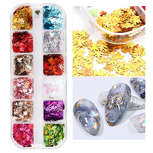 Fall Maple Leaf Nail Art Glitter Sequins 12-Color Set for Acrylic Nails