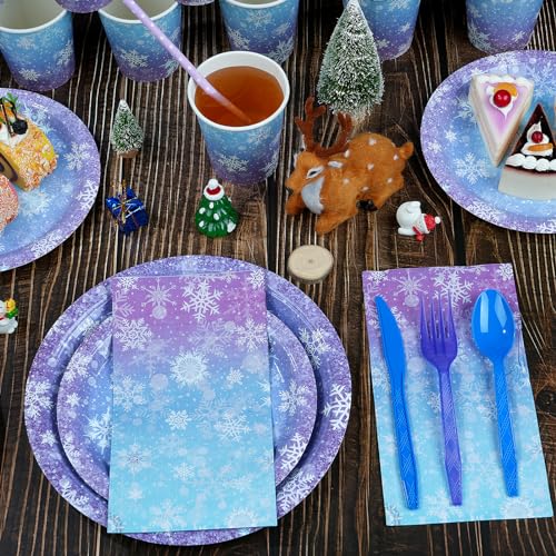 Winter Snowflake Paper Plates and Napkins Set - Blue and Purple, Serve 50