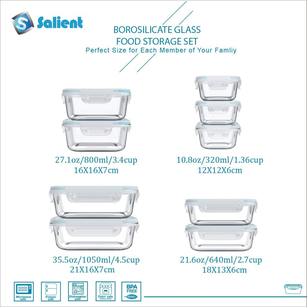 S Salient 18-Piece Glass Food Storage Containers - BPA-Free & Leak-Proof Meal Prep Set | Includes 9 Lids & 9 Containers