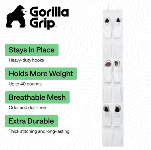 GORILLA GRIP Over The Door Shoe Organizer - 12 Large Breathable Mesh Pockets | Space-Saving Storage, 64H x 9.5W, White