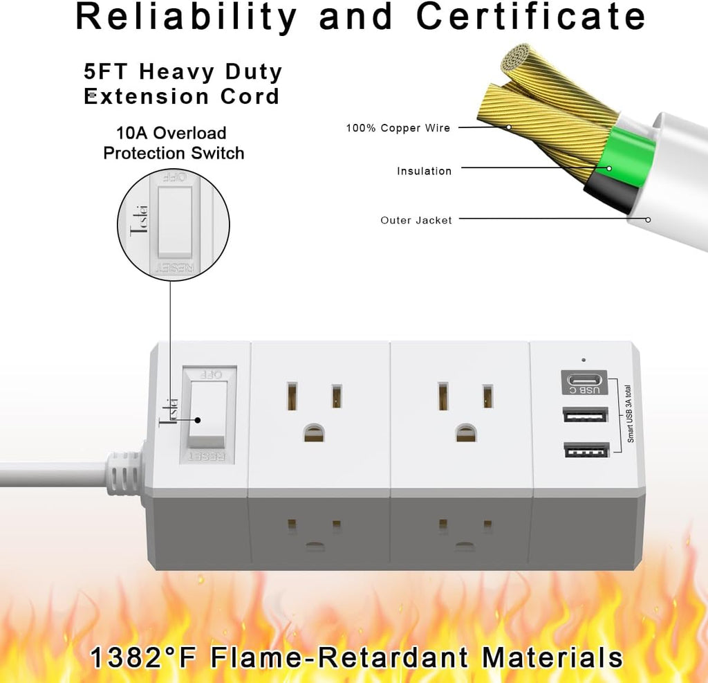 Tcstei 5Ft Outlet Extender Power Strip - Flat Plug Extension Cord with 6 Outlets & 3 USB Ports, White