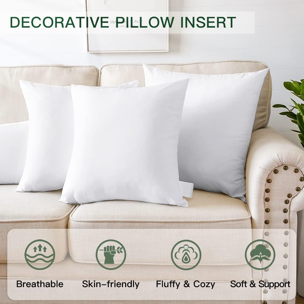 OTOSTAR Throw Pillow Inserts - Pack of 4 Soft & Fluffy 18 x 18 Square Cushion Pads in White