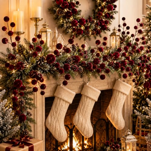 Velvet Christmas Tree Picks Set - Burgundy, 16 Pieces, 14 Inch Holiday Decor