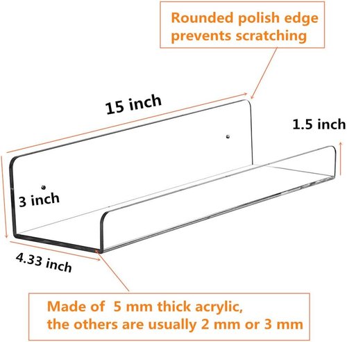 CY Craft Clear Acrylic Floating Shelves - 15 Inch Wall Mounted Storage Ledge | Set of 4 for Kitchen, Bathroom, Office