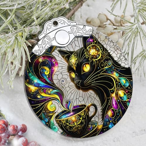 Black Cat Christmas Ornament Stained Glass Holiday Decor - Jocidea