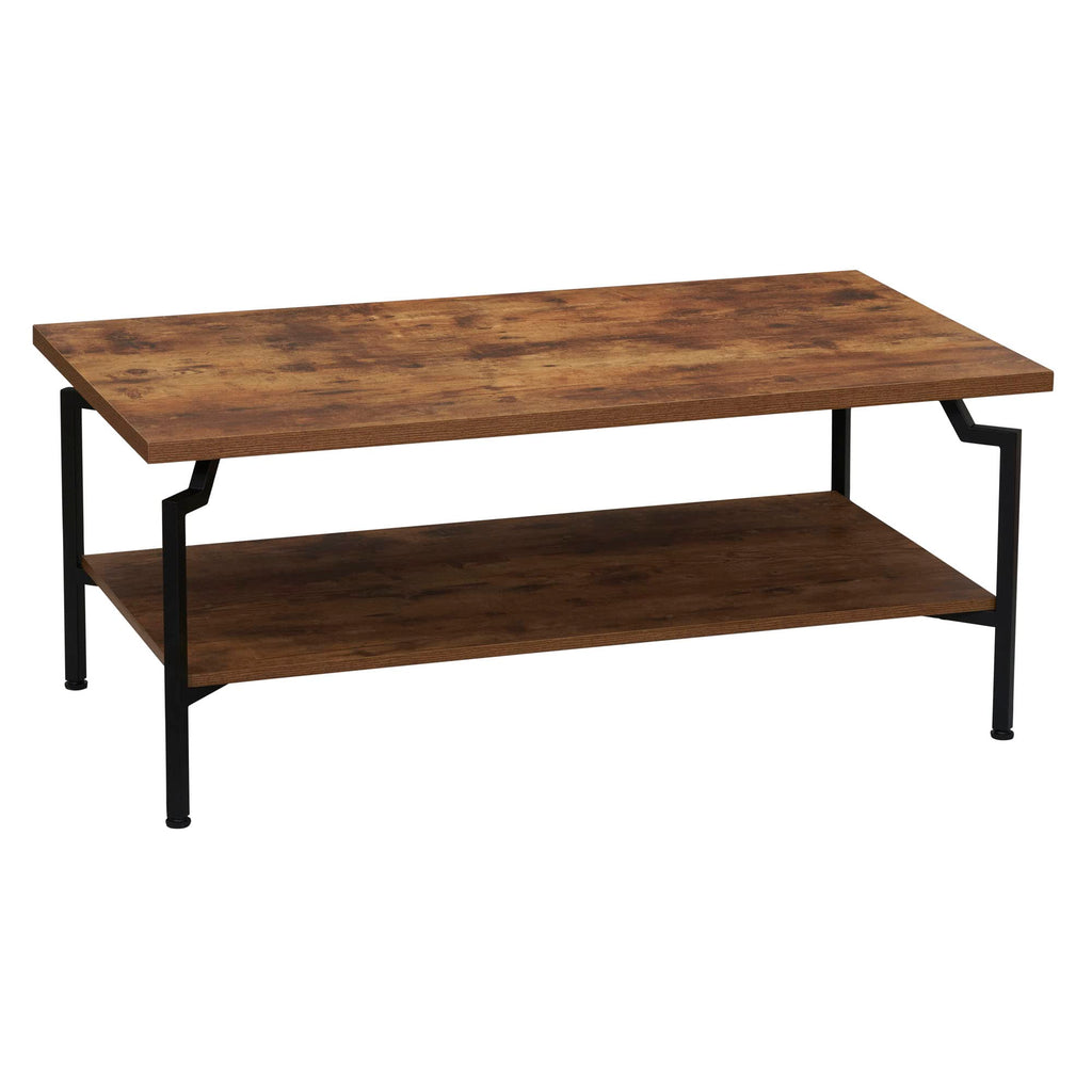 Household Essentials Crown Rectangular Coffee Table with Storage Shelf Rustic Hickory Wood Grain and Black Metal