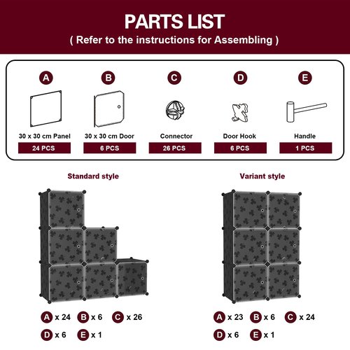 C&AHOME Cube Storage Organizer with Doors, 6-Cube Shelves, DIY Plastic Modular Bookshelf, Closet Clothes Storage Shelving Ideal for Bedroom, Living Room, Clover Embossed, Black