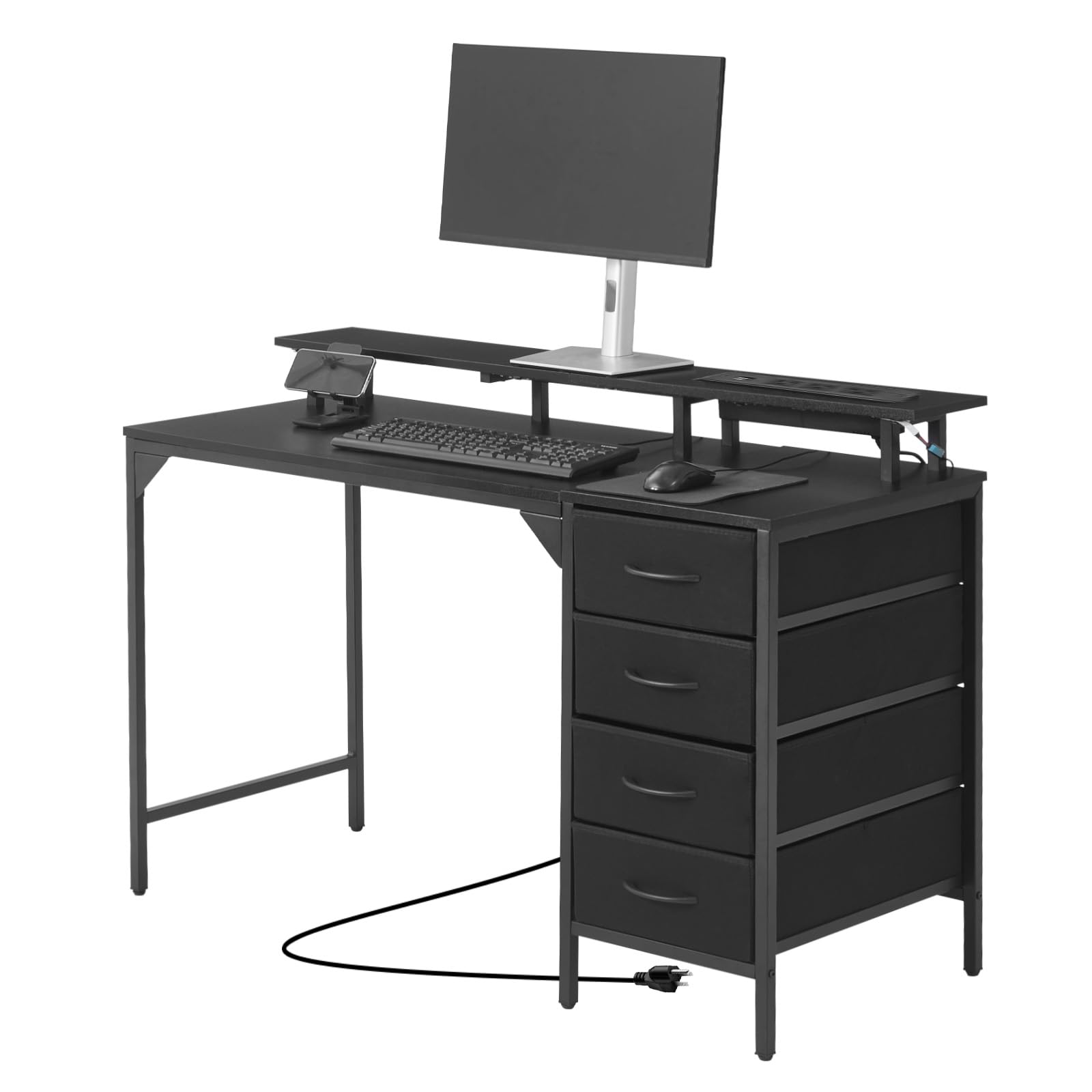 VEVOR 47" Computer Desk with LED Lights & Power Outlets, Gaming Table with 4 Large Drawers, Office Desk with Monitor Stand, Study Work Home Office, Small Spaces, Black