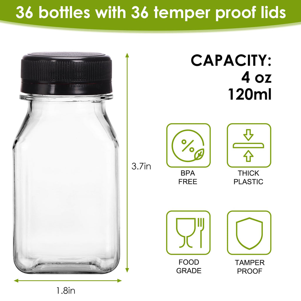 Moretoes 36pcs 4oz Juice Bottles, Small Plastic Bottles with Caps, Reusable Clear Containers with Lids for Juicing, Smoothie and Other Beverages