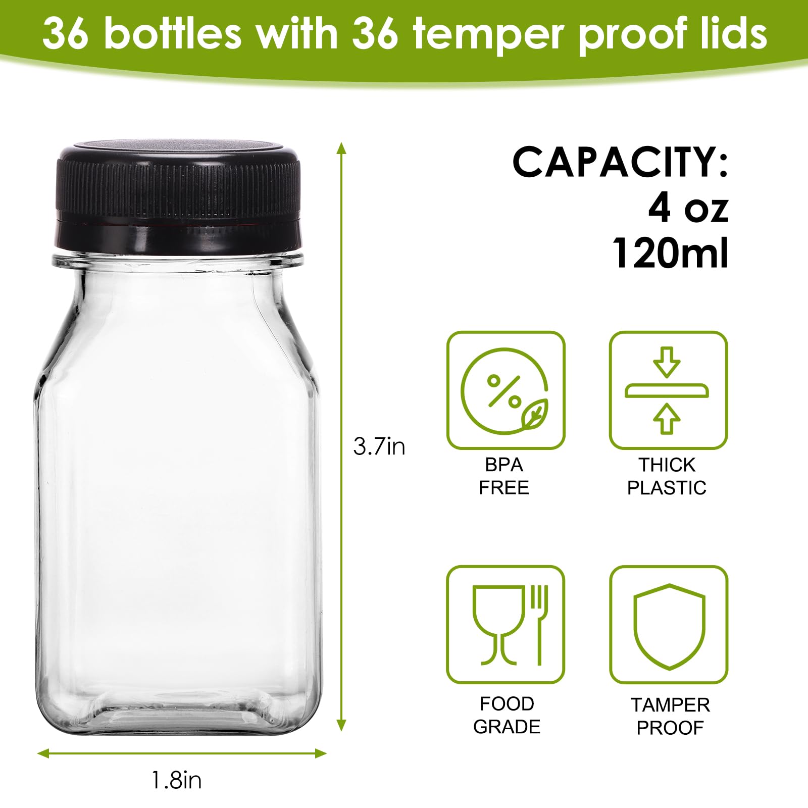 Moretoes 36pcs 4oz Juice Bottles, Small Plastic Bottles with Caps, Reusable Clear Containers with Lids for Juicing, Smoothie and Other Beverages