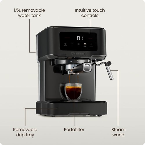 Chefman CraftBrew Espresso Machine, 15-Bar Pump Digital Espresso Maker w/Steam Wand for Latte & Cappuccino, Compact Espresso Coffee Machine w/ 1.5L Removable Water Reservoir - Stainless Black