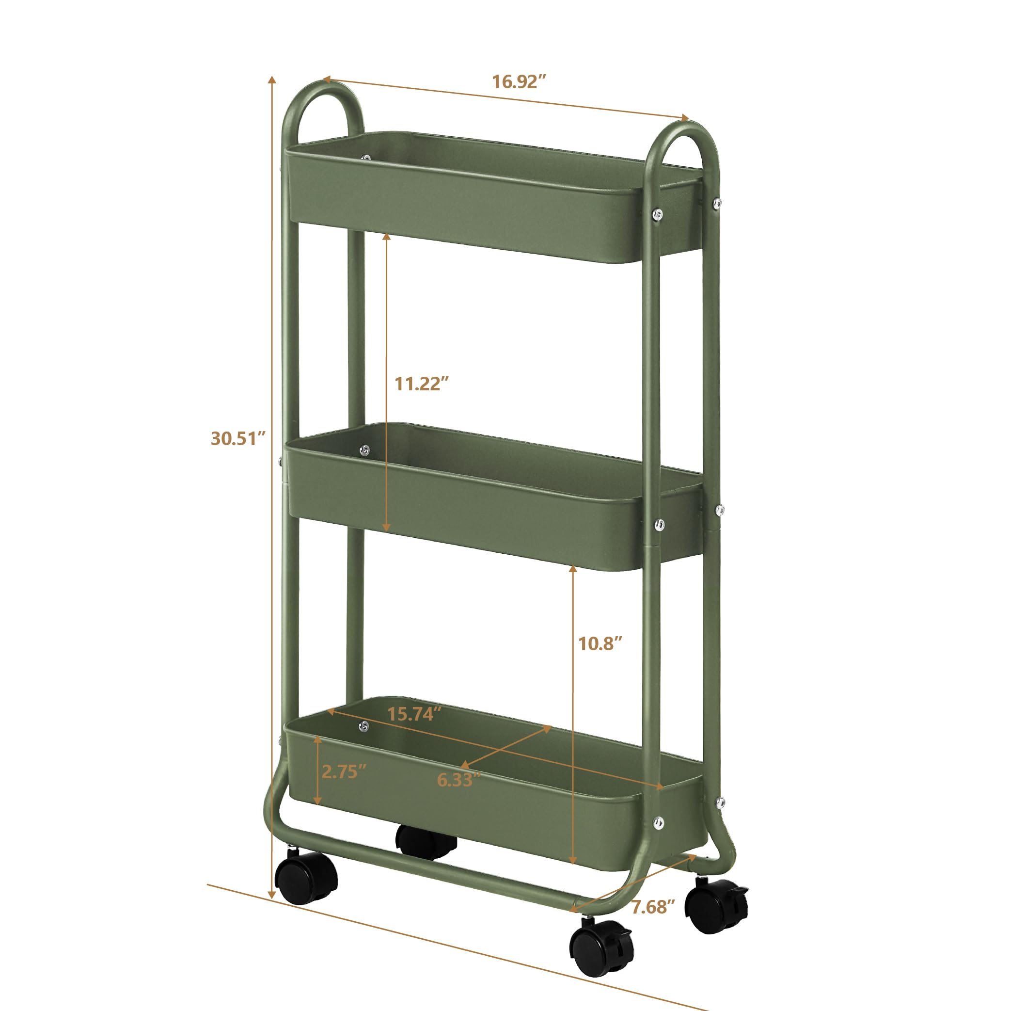 SunnyPoint Slim Rolling Storage Cart, 3 Tier Bathroom Storage Organizer Bathroom, Laundry Utility Cart (Army)