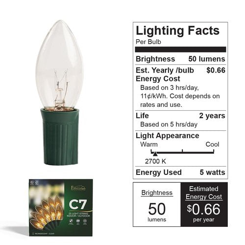 Formosa Lights C7 26ft Indoor/Outdoor Clear Incandescent Christmas String Lights with 25 Bulbs and E12 Base | 120V, 5W