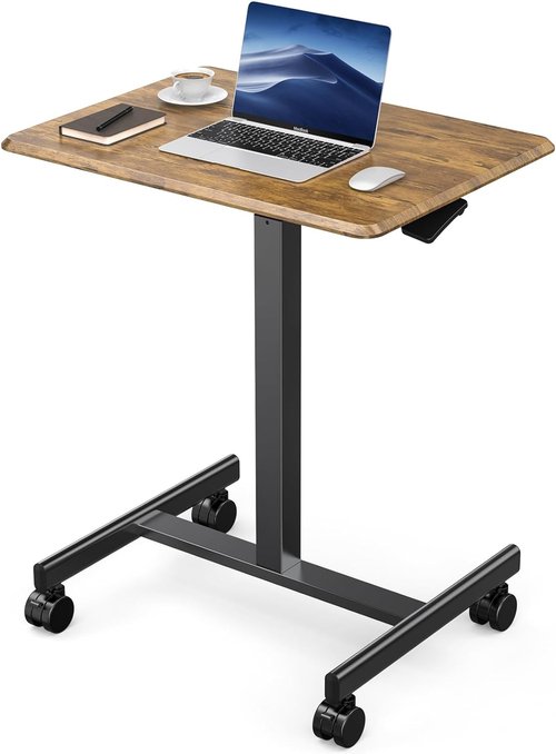 DUMOS Mobile Small Standing Desk - Portable Rolling Laptop Desk with Adjustable Height | 19-Inch Brown