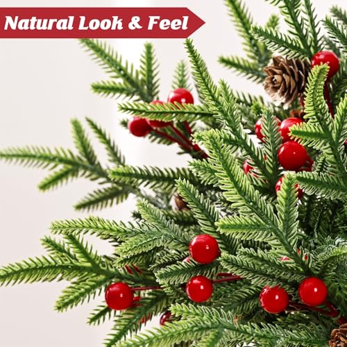 Green 15 Pack Artificial Norfolk Pine Stems with Pine Cones & Red Berries - Christmas Decor
