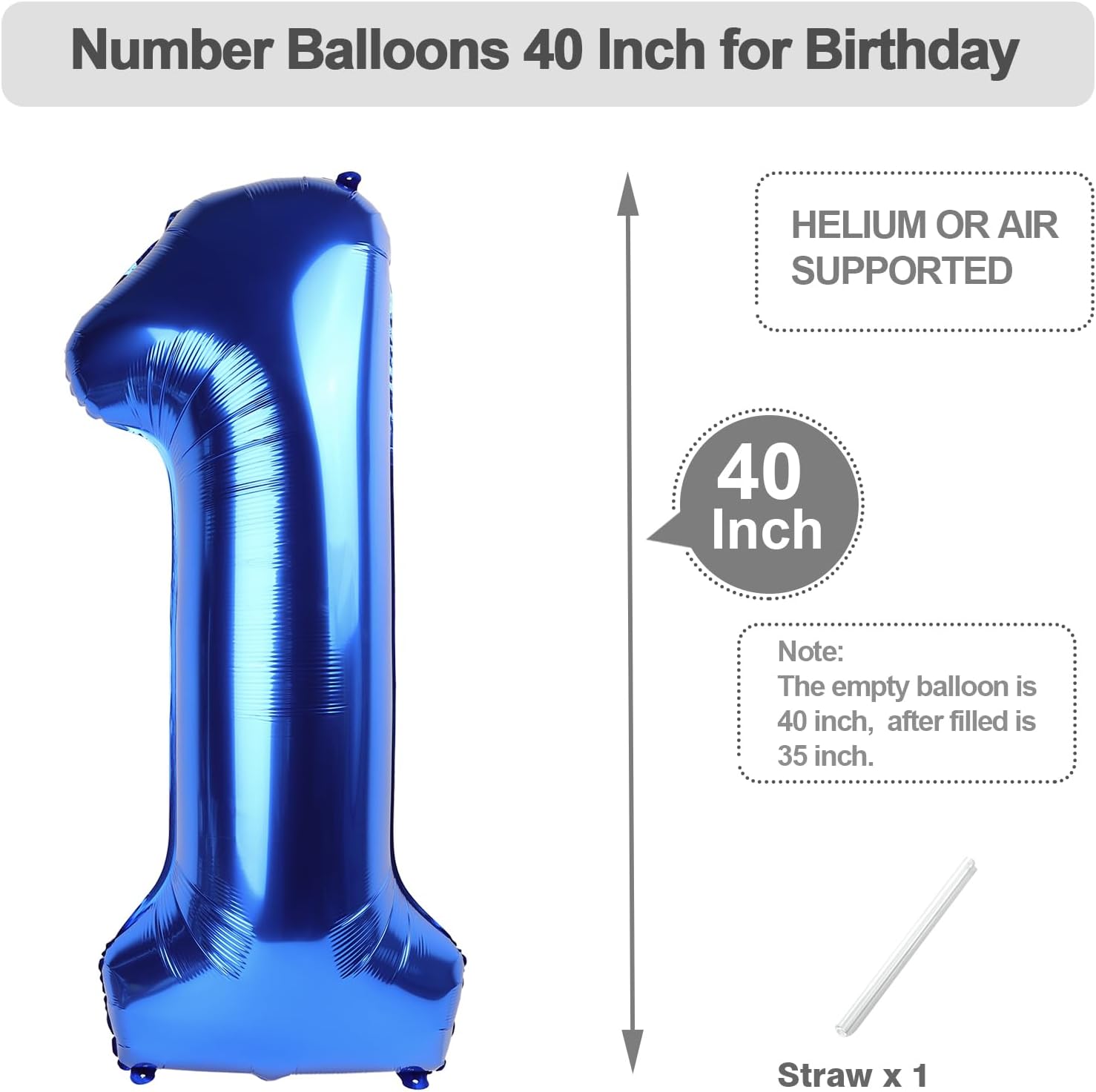 Number Balloons - 40 Inch Blue Foil Number 1 Balloon for Birthday, Baby Shower & Anniversary Decor