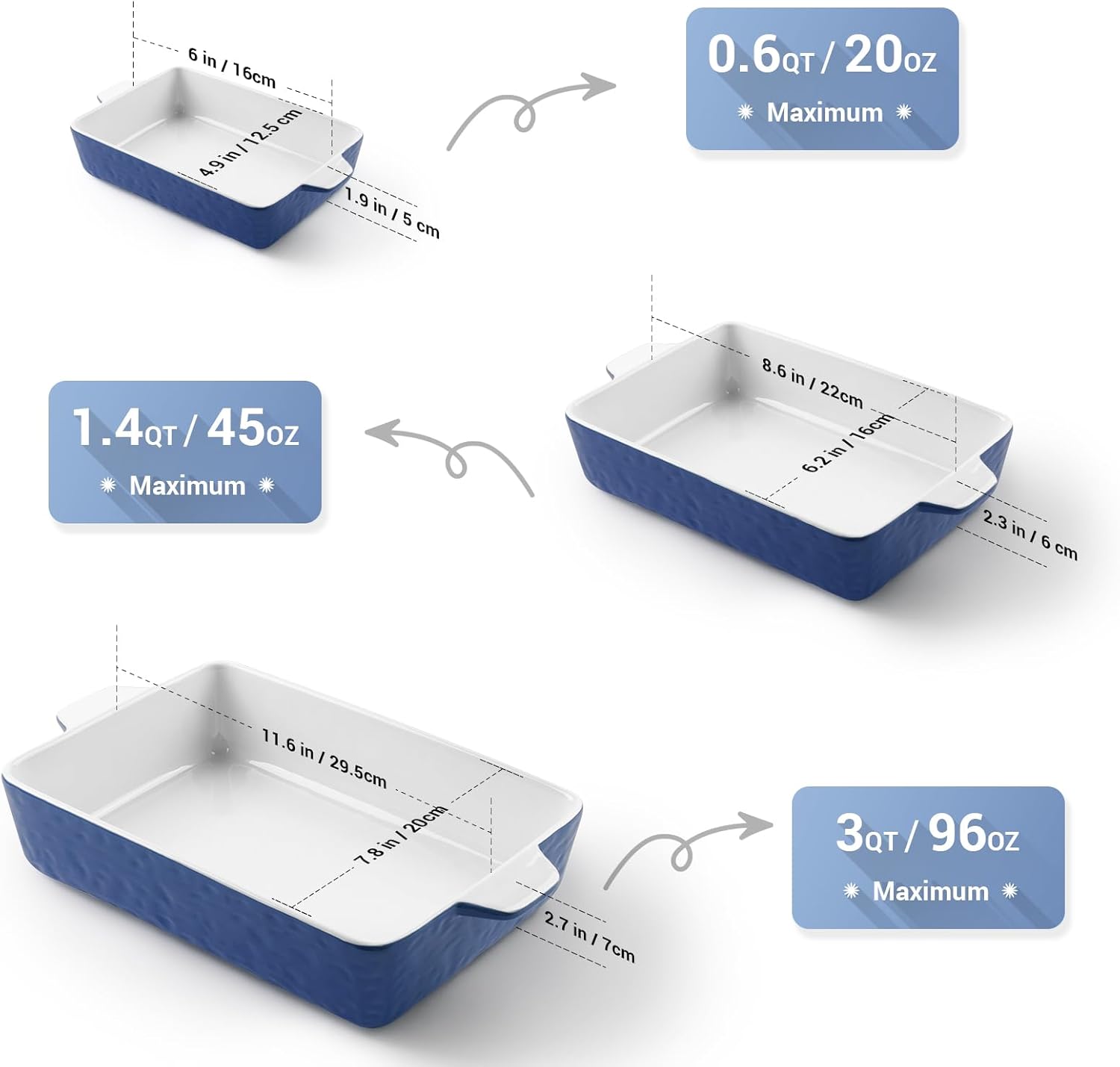 Regine Switzerland Casserole Dishes - Ceramic Baking Pan Set of 3 | Deep Porcelain Lasagna Pans (11.6" x 7.8", Dark Blue)