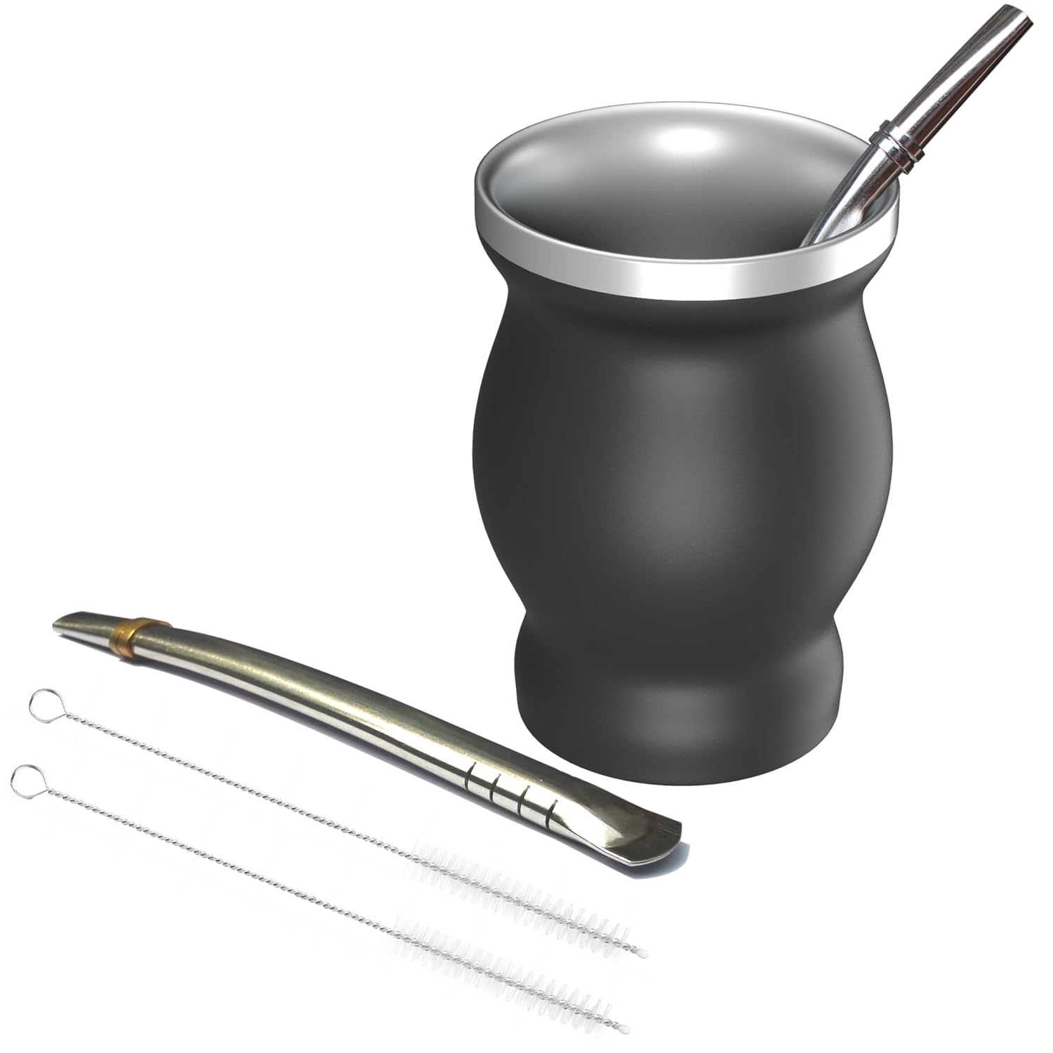 Beruth 8oz Yerba Mate Cup Set, Double Wall 304 Stainless Steel Mate Gourd, Heat Insulated Mug & Anti-Scalding Design, Includes 2 Bombillas & Cleaning Brush （Black）
