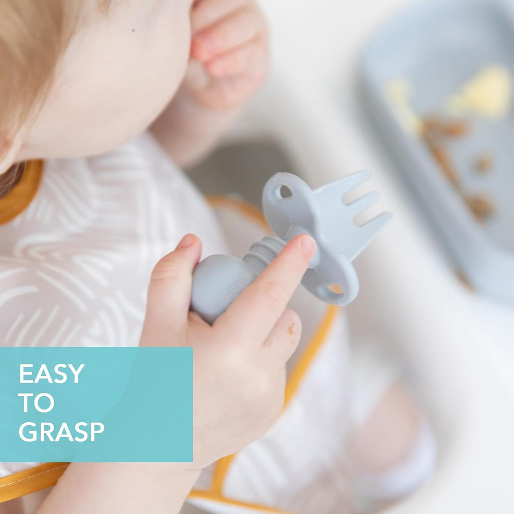 Bumkins Baby Utensils Set - Chewtensils Silicone Spoons & Fork for Self-Feeding | Gray, 6 Months+