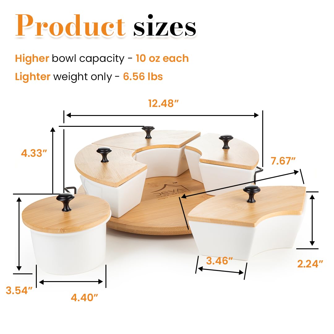 DEVA Home Design Chip and Dip Serving Set | Rotating Bamboo Lazy Susan Appetizer Tray with Black Handles | White Ceramic Bowls with Bamboo Lids | Divided Round Party Platter | Giftable