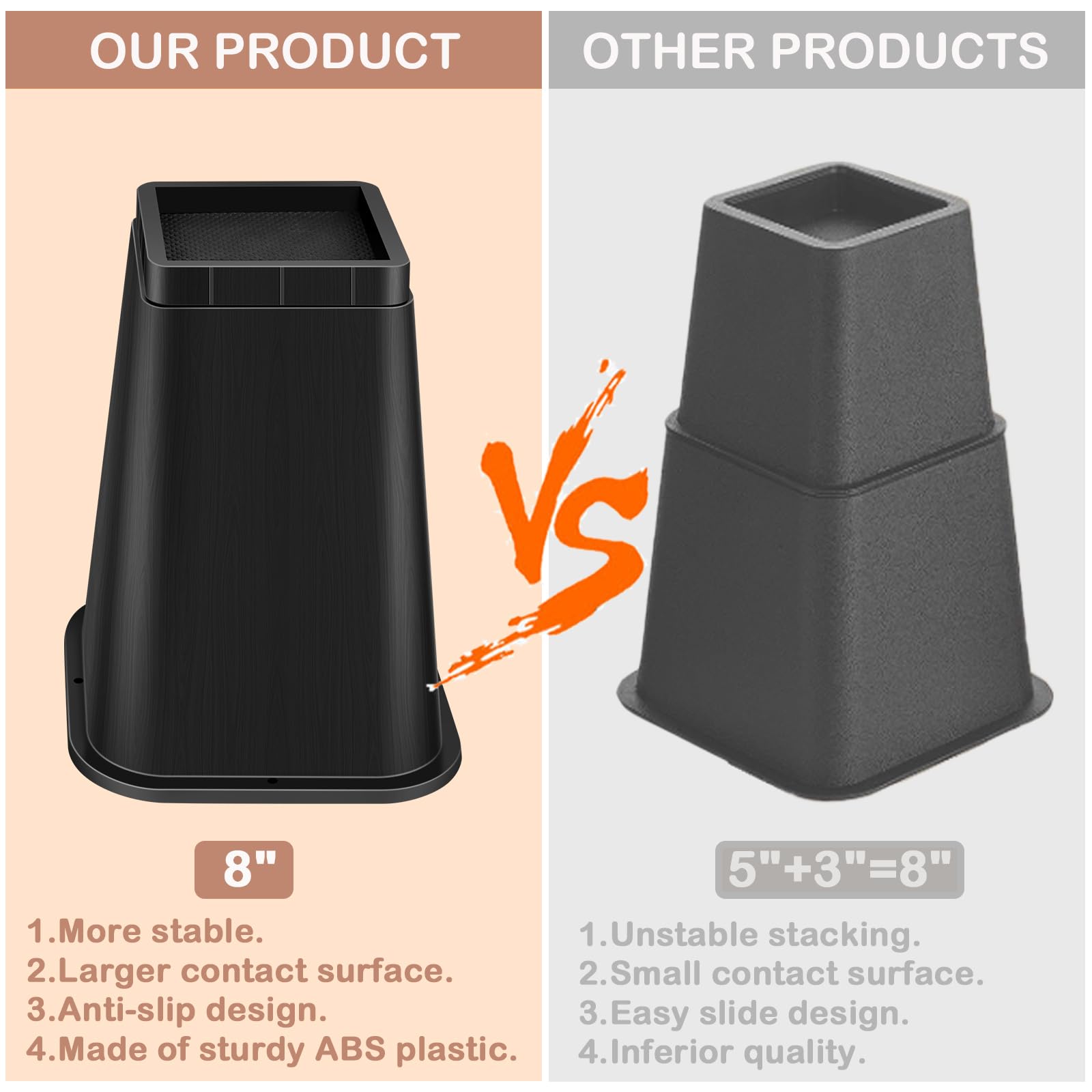 shouwuhho Bed Risers 8 Inch Heavy Duty, Furniture Risers Lifts 12" 8" 4" for Table, Desk Leg, Sofa, Couch, Adjustable Bed Frame Risers Supports Up to 6,000 Lbs, Black, 6 Pack
