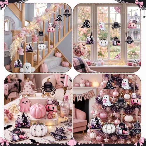 8 Pcs Pink Halloween Wooden Ornaments - Spooky Cute Decor