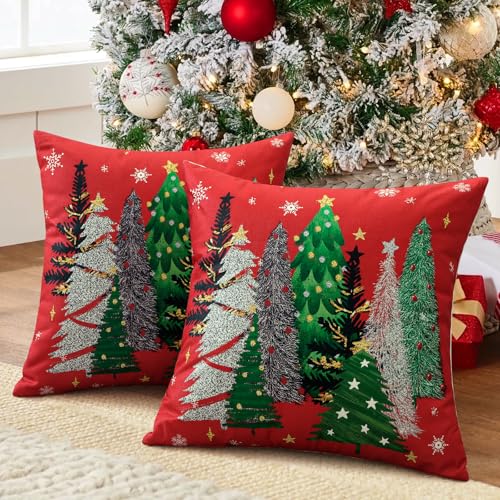 OTOSTAR Red Christmas Throw Pillow Covers 18x18 Inch Set of 2 Holiday Decor