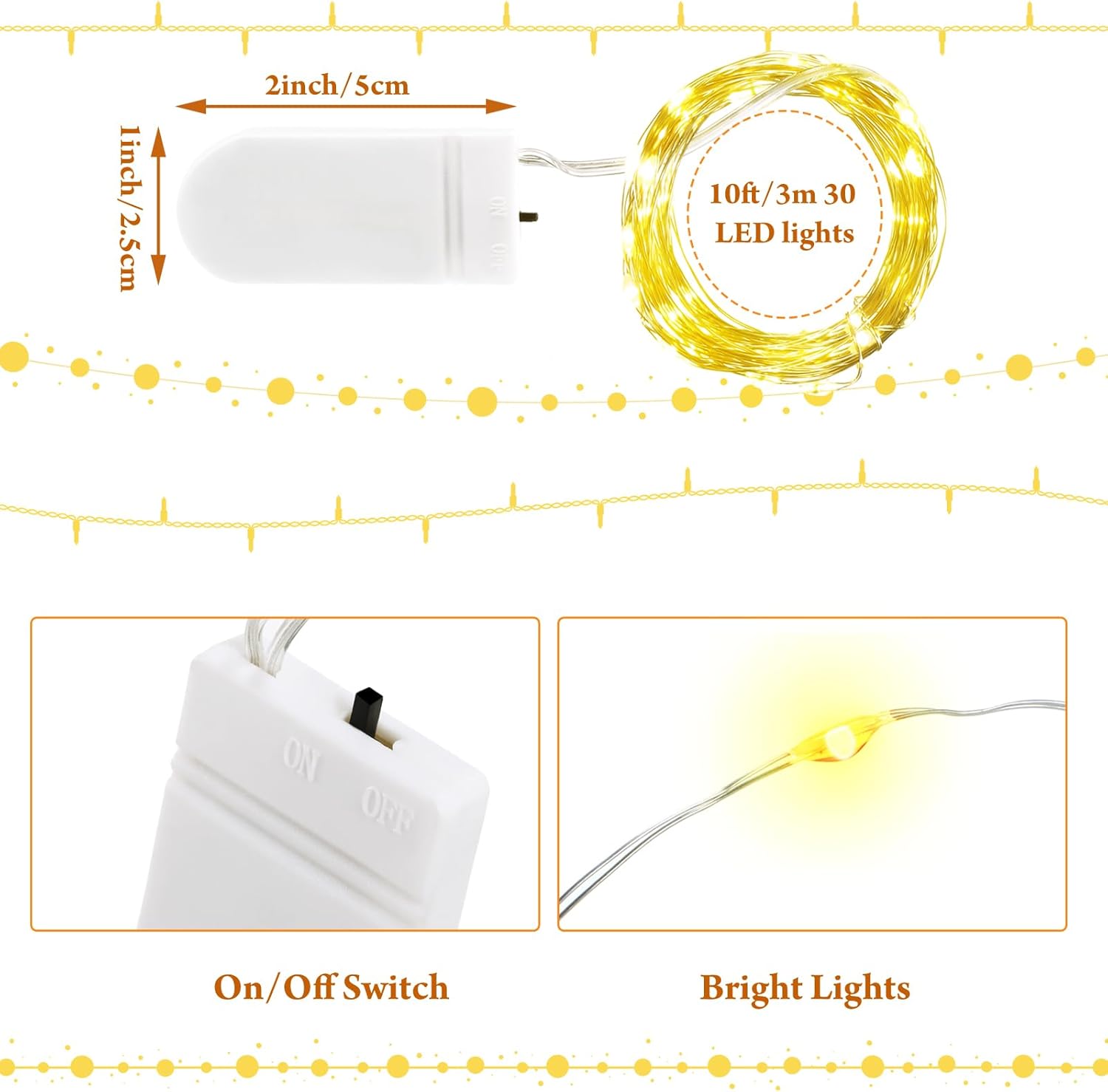 Riakrum 10 ft 30 LED Fairy Lights - Battery Operated Waterproof String Lights for Weddings & Decor | Warm White, 50 Pack
