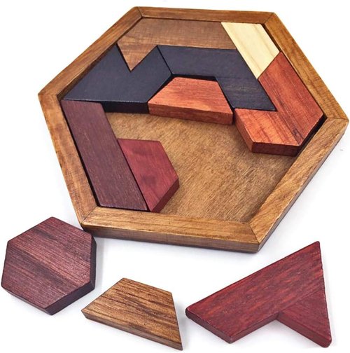 KINGOU Hexagon Tangram Puzzle | Engaging Wooden Brain Teasers for Kids & Adults - Perfect Family Game