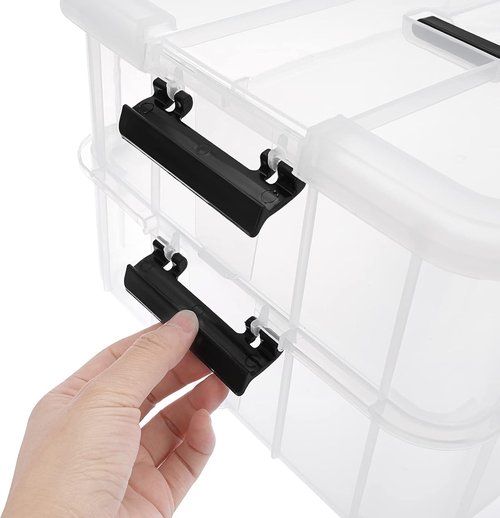 JUXYES Stackable Storage Box - 2-Tier Transparent Bin with Handle for Office & School Supplies