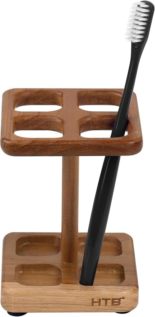 HTB Toothbrush Holder - Teak Bathroom Organizer for Countertop | Versatile Storage for Brushes & Razors