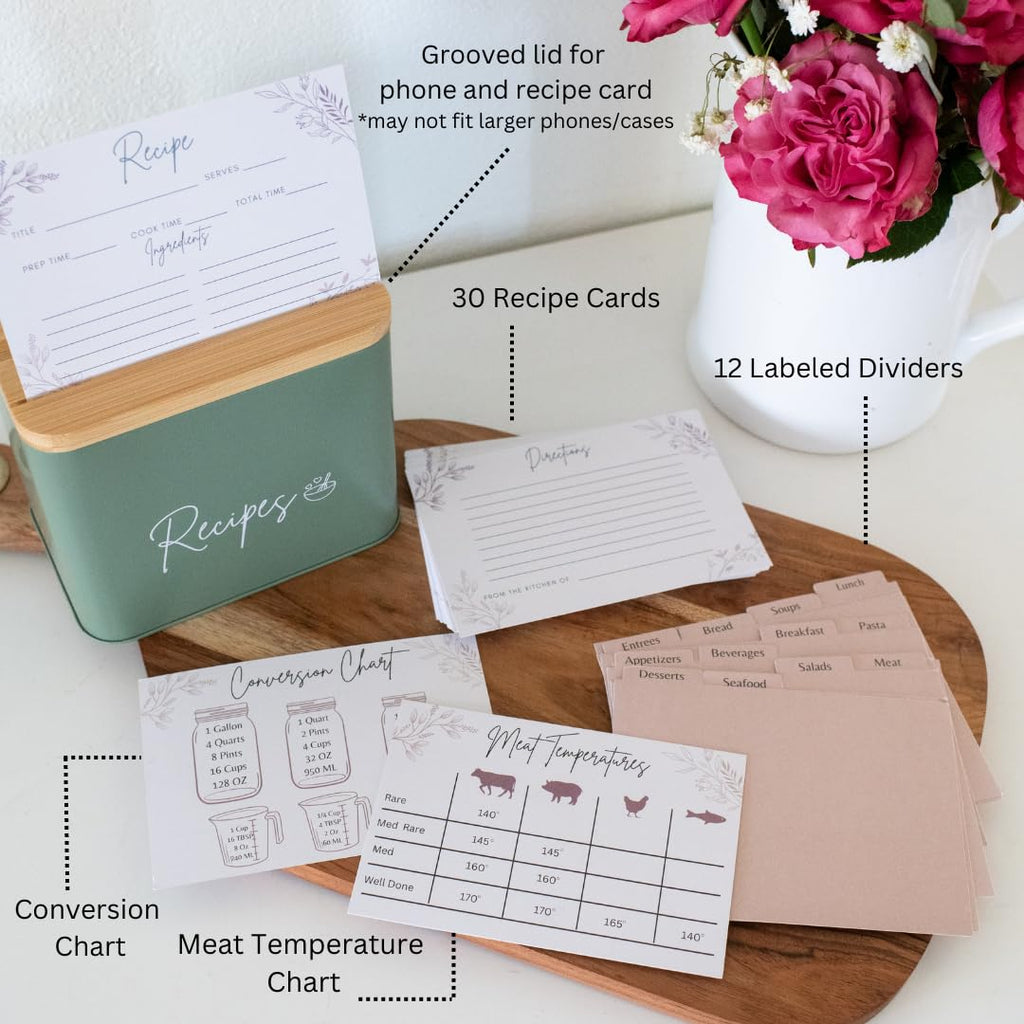 Sage Green Recipe Organizer with Wooden Lid - Set Includes 12 Dividers & 30 Blank 4 x 6" Recipe Cards