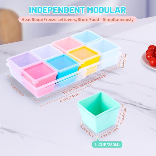 Gemice BPA-Free Silicone Freezer Molds - 8-Pack 1-Cup Portion Soup Cube Trays with Lids | Oven & Dishwasher Safe