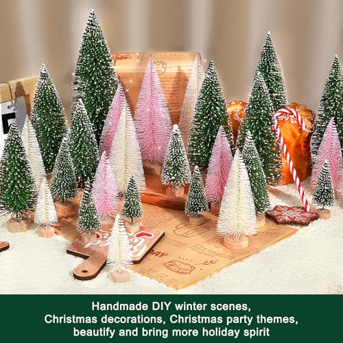 Mini Christmas Tree Set 30pcs Artificial Bottle Brush Trees with Wooden Bases - Colorful Holiday Decor, Pink, Green & Beige