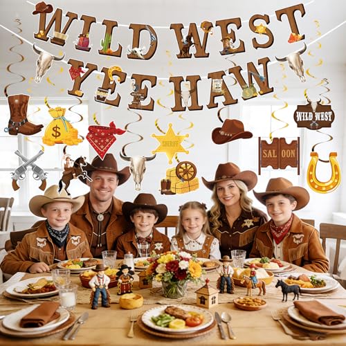 Western Cowboy Party Decorations Set - Multicolor Wild West Banners & Swirls