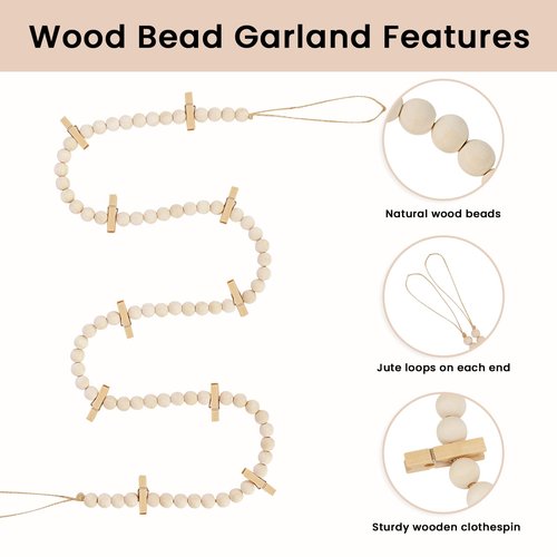 KLOGTSIND 2Pcs Hanging Photo Display with Clips, Boho Wooden Bead Garland Collage Picture Frame Wall Decor, Photo String with 10 Clips for Bedroom Room Dorm Cubicle Decor, Christmas Teen Girls Gifts