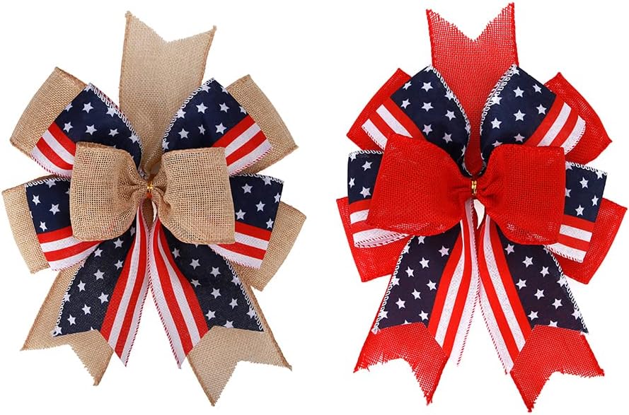 Meseey Patriotic Bows for Wreaths - Large Burlap Red, White & Blue Stripe Bow | 12” x 9.4” for 4th of July Decor