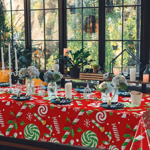 Christmas Candy Cane Plastic Tablecloth Roll - Red & Green, 4.5x100 ft, Disposable Holiday Party Decor