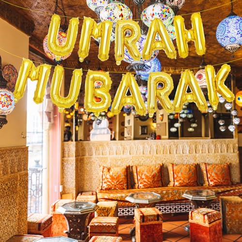 16-Inch Umrah Mubarak Letter Balloons Banner - Gold Mylar Decorations