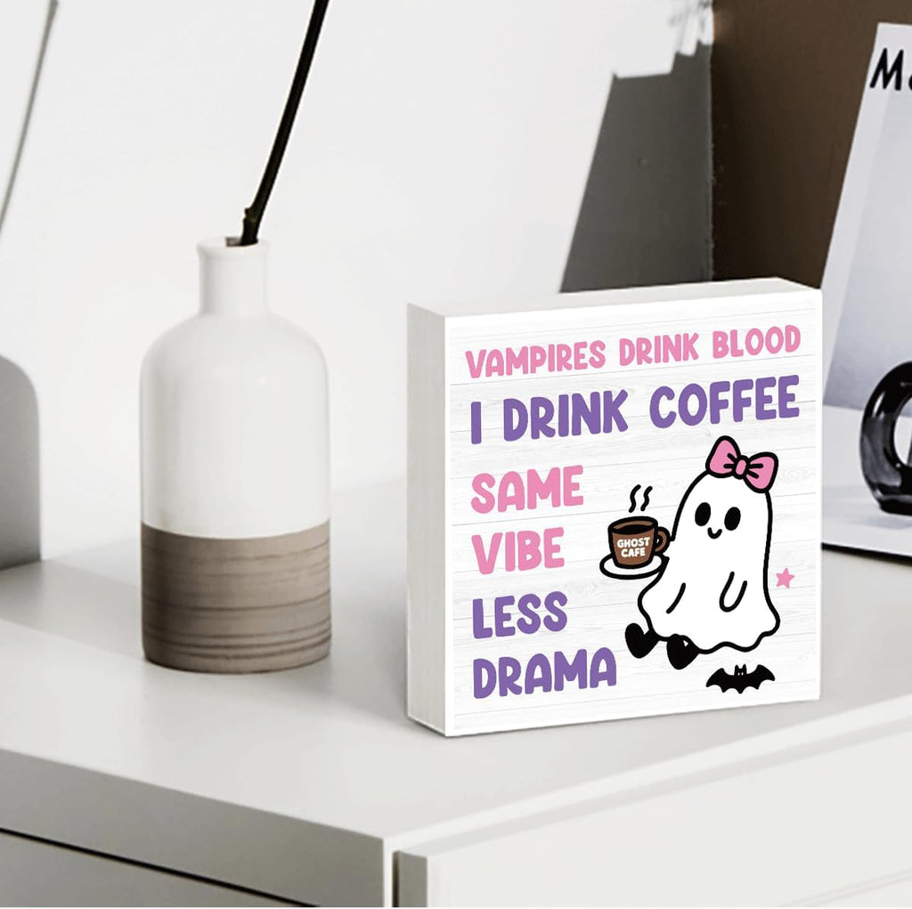 Skiennix Halloween Office Decor - Cute Ghost Coffee Bar Sign for Home & Bedroom | 5x5 Inches