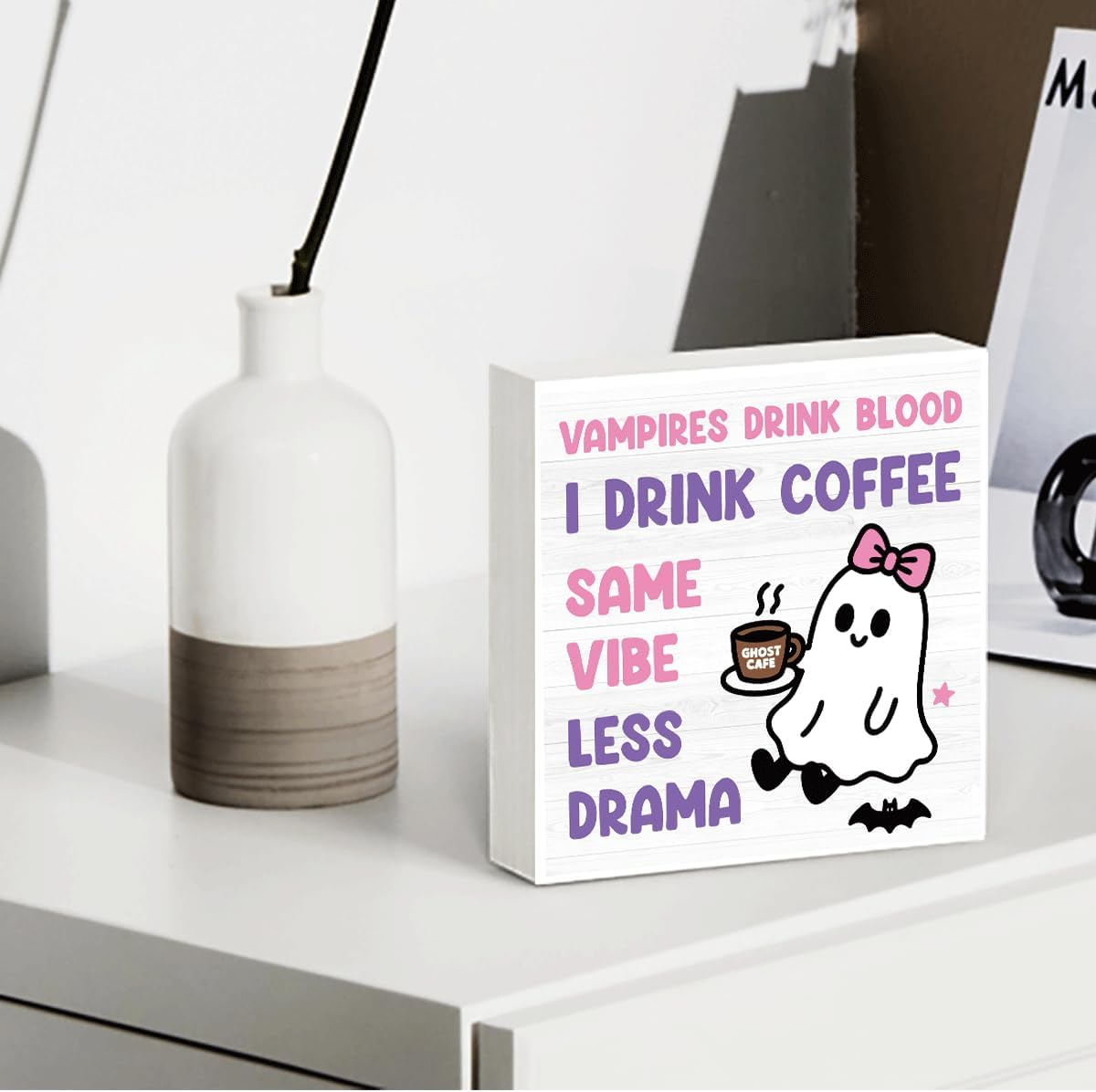 Skiennix Halloween Office Decor - Cute Ghost Coffee Bar Sign for Home & Bedroom | 5x5 Inches