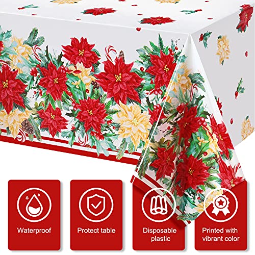 3 Pack Christmas Poinsettia Tablecloths 54x108 Inches Waterproof Plastic Holiday Decor