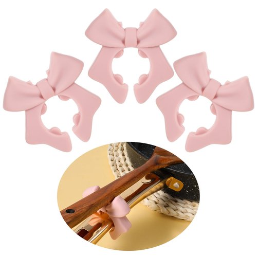 Mabor 3Pcs Spoon Holder for Pot, Bowknot Silicone Spoon Pot Pan Holder, Pink Bow Pots Clip Rest for Cooking, Heat Resistance Non-Slip Cute Stove Top Spatula Holders
