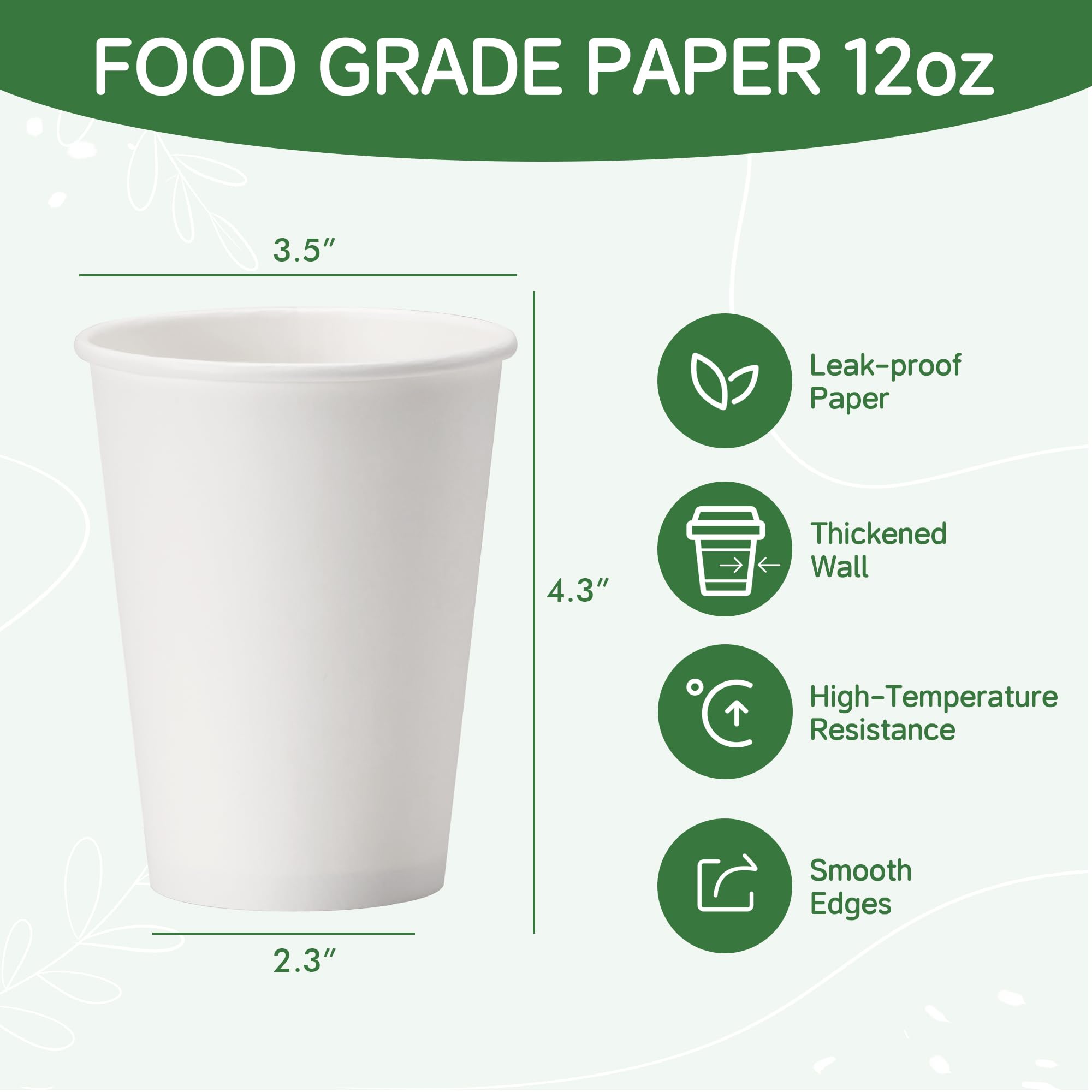 ECOEXTRA 1000 Pack 12 oz Paper Cups - Disposable, White Hot Beverage Drinking Cups, Perfect for Party, Picnic, Travel, and Events