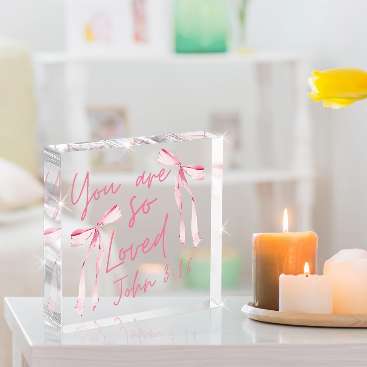 Pink Bow Room Decor, Valentines Day Decor, Inspirational Bible Verse Quotes, Valentines Christian Gifts for Women, Coquette Aesthetic Bow Dorm Decoration, Acrylic Office Desk Accessories Decoration