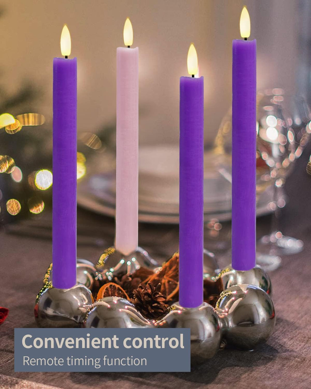 SHYMERY Flameless LED Taper Candles - Real Wax, Battery Operated, Remote Timer | Set of 4 Purple & Pink
