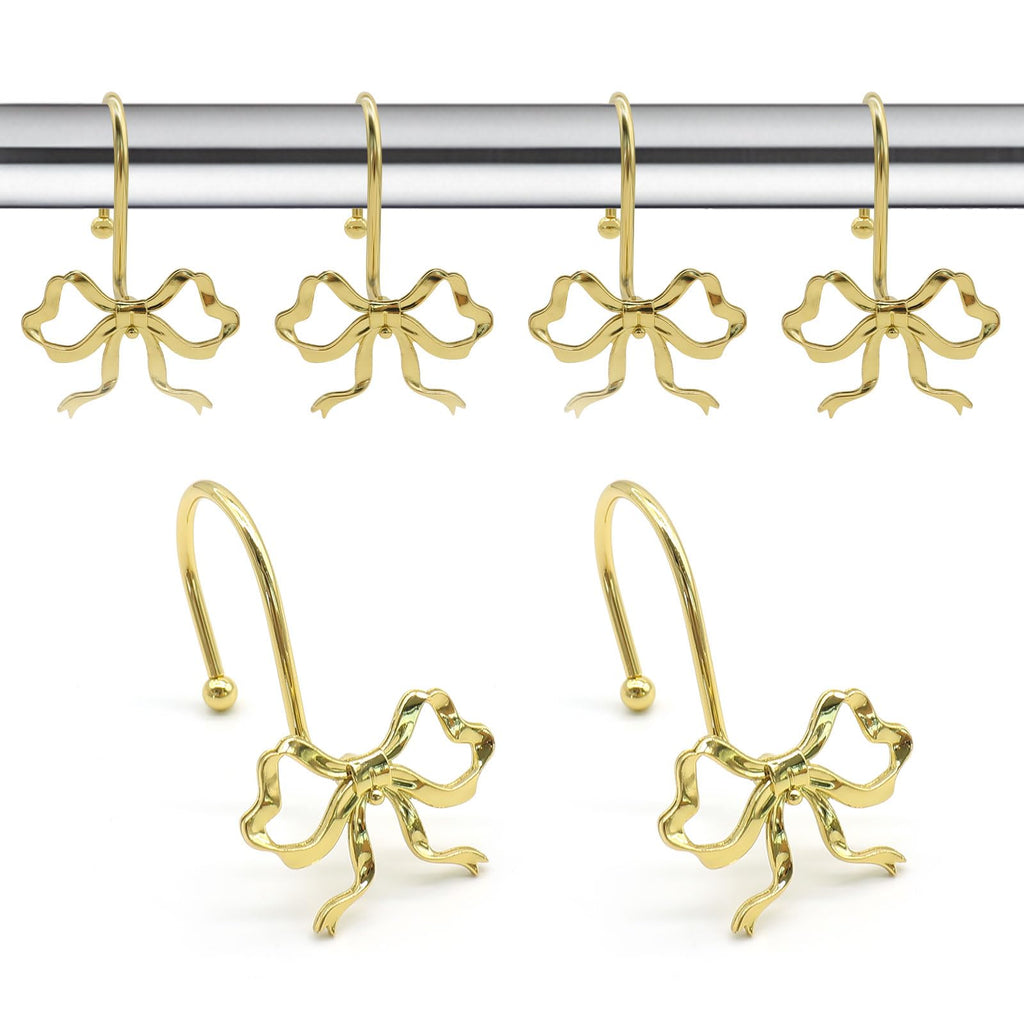 Bow Decorative Shower Curtain Hooks, Fshion Bowknot Shower Curtain Rings, Modern Bow Shower Curtain Hangers, 12PCS Shower Hooks for Shower Curtain, Home Decor, Bathroom, Bedroom, Living Room (Gold)