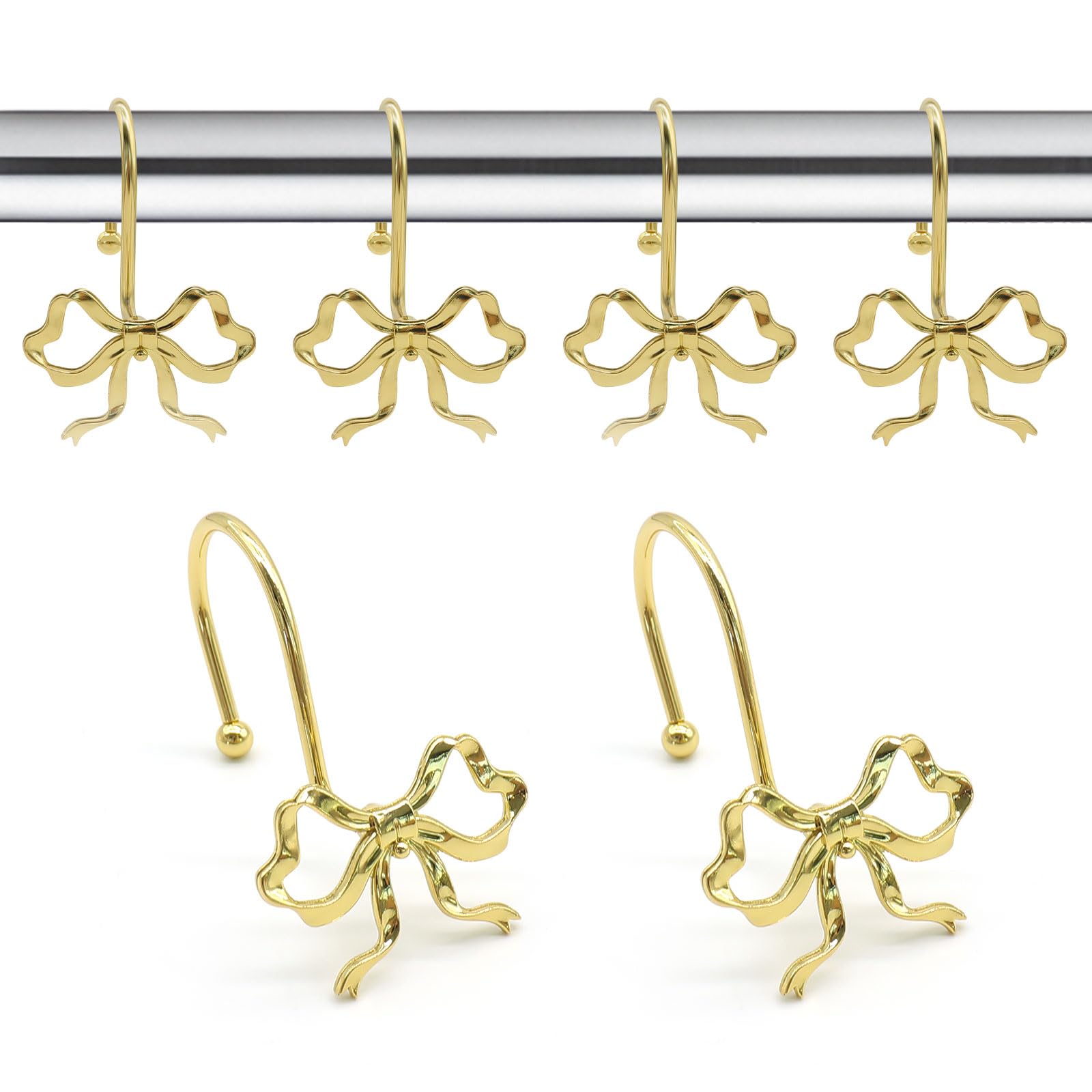 Bow Decorative Shower Curtain Hooks, Fshion Bowknot Shower Curtain Rings, Modern Bow Shower Curtain Hangers, 12PCS Shower Hooks for Shower Curtain, Home Decor, Bathroom, Bedroom, Living Room (Gold)