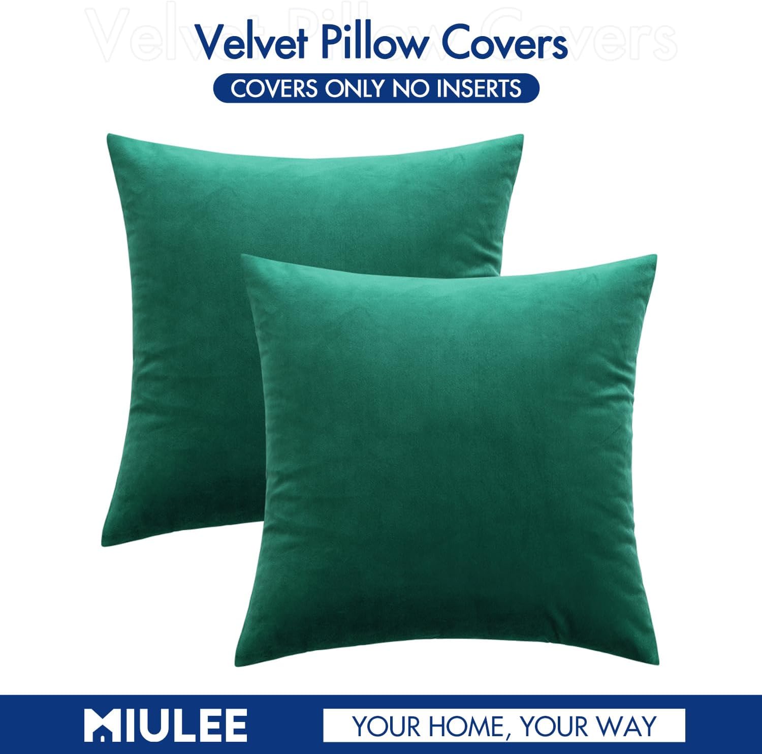 MIULEE Green Velvet Throw Pillow Covers - Soft Decorative Square Cushion Cases | 12x12 Inch Set for Couch & Bedroom