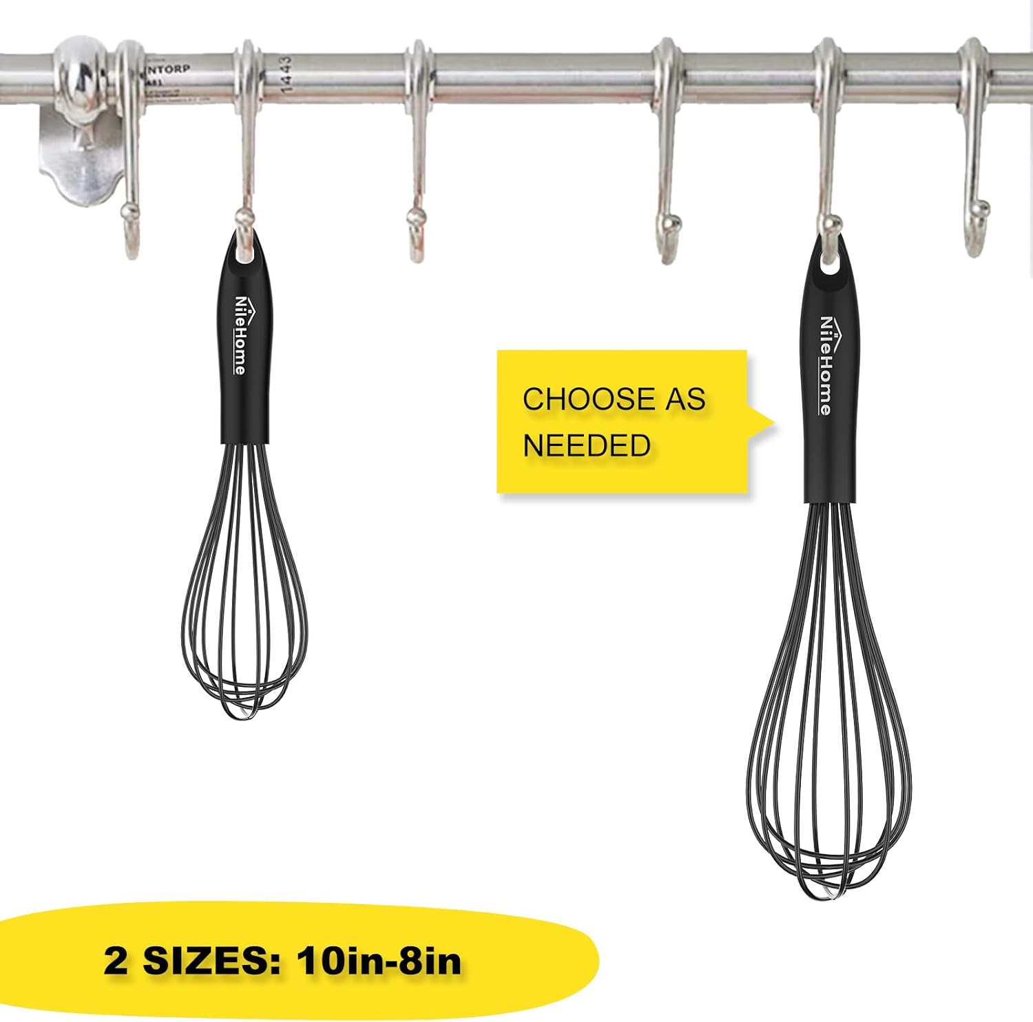 NileHome Silicone Whisk Set - Versatile 8" & 10" Kitchen Whisks for Cooking & Baking | Black
